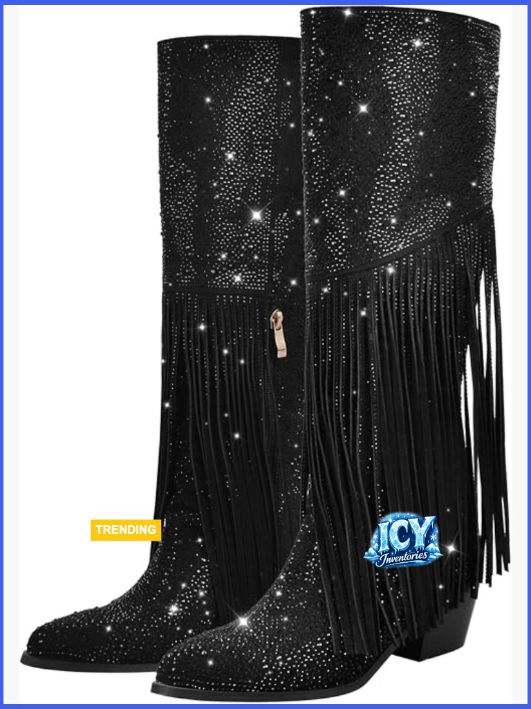 Sparkle Rhinestone Knee High Boots With Fringe Tassel Pull On Tabs Comfortable
